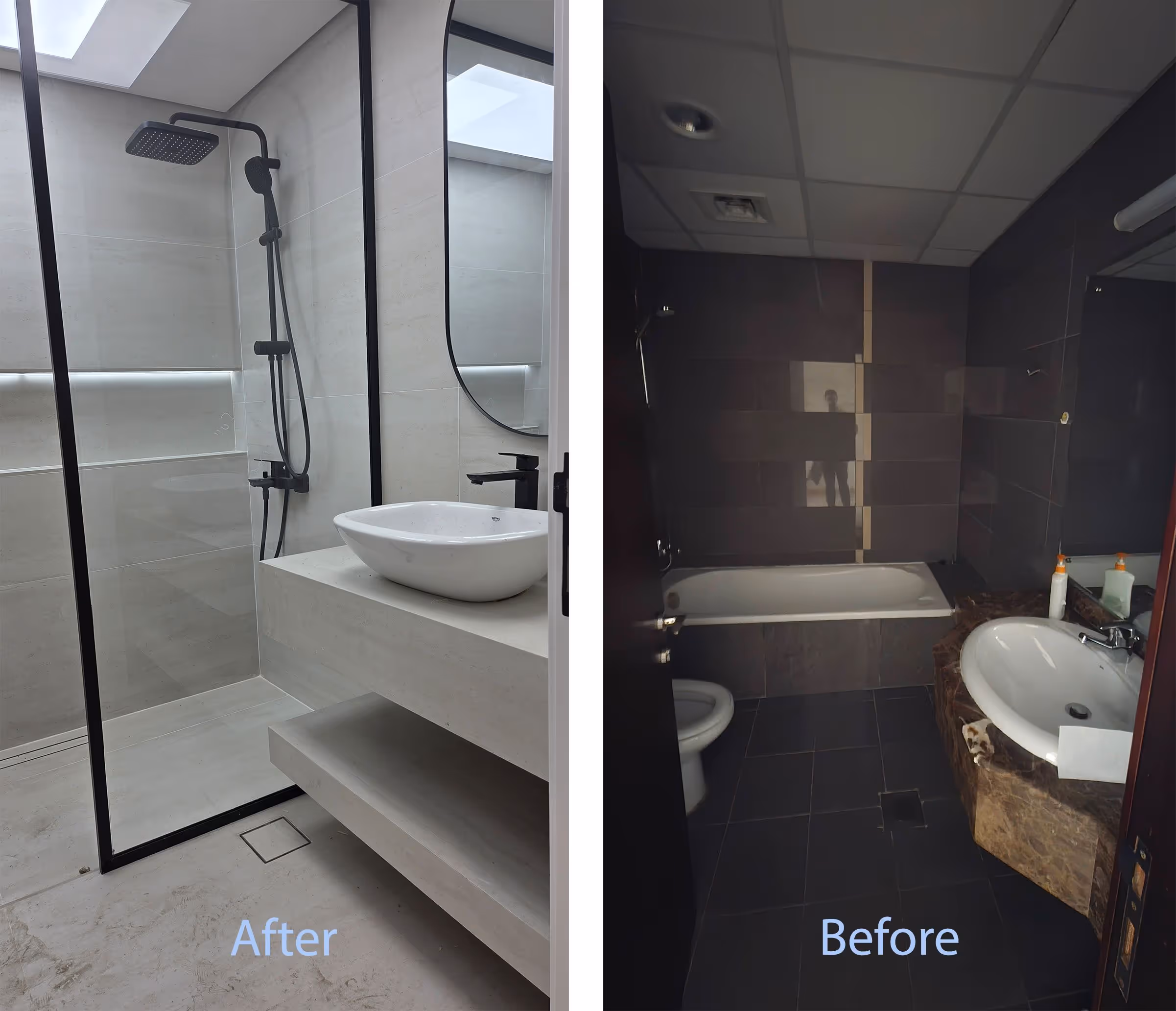 Before and after of renovated bathroom