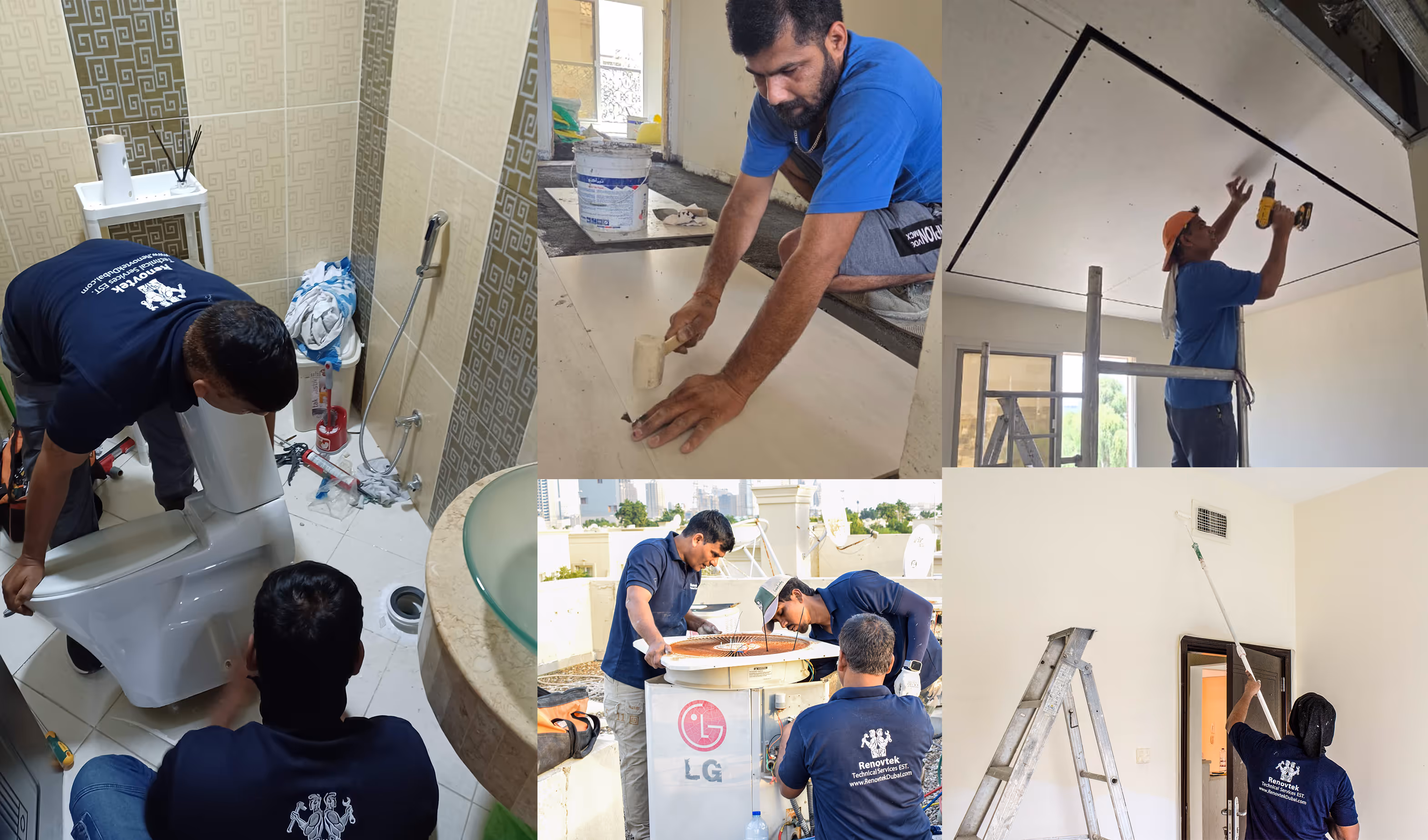 Technicians performing professional home renovation and fitout services, including tile fixing, plumbing, wall painting, false ceiling fixing, and AC repair.