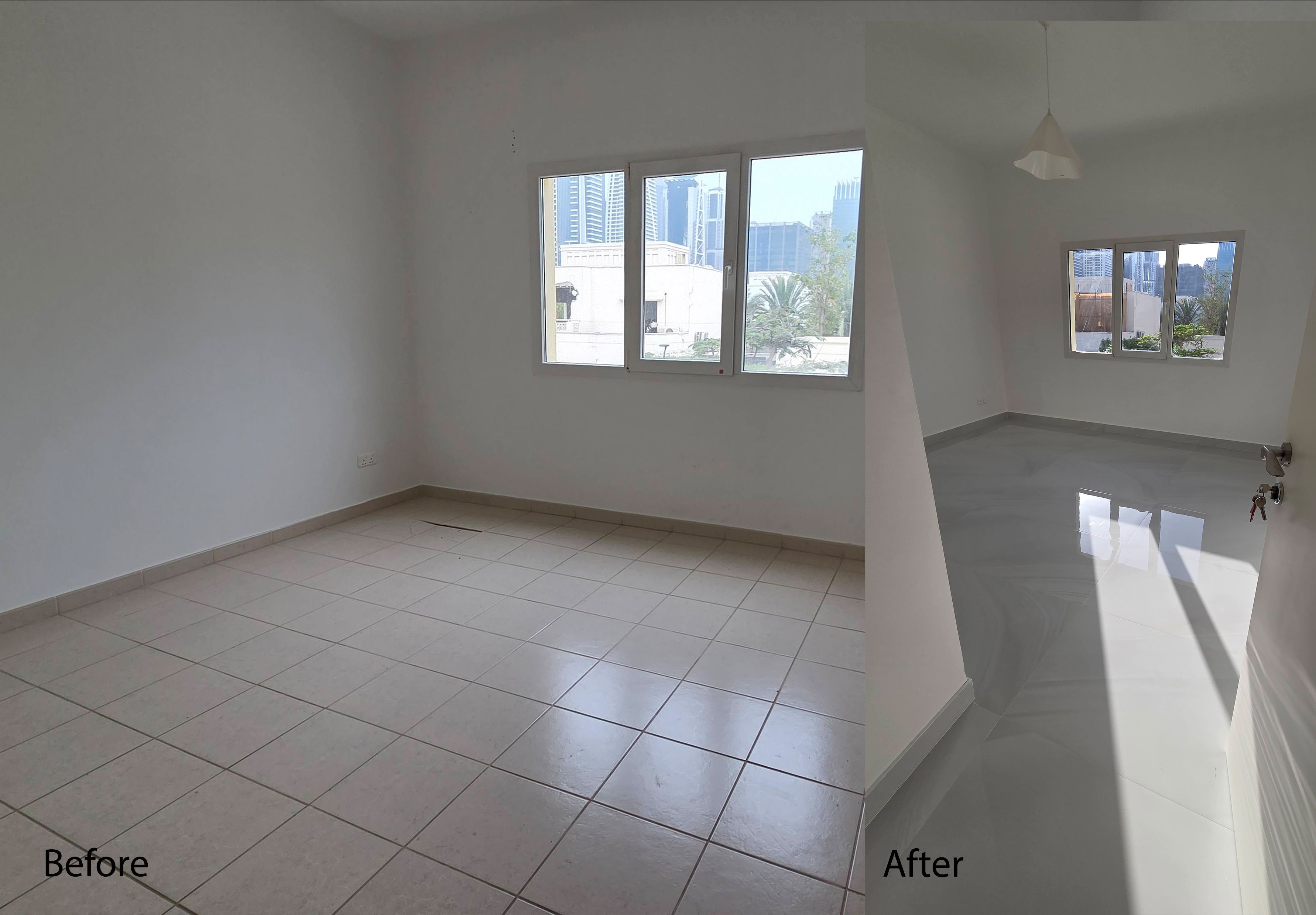 Floor tiling before and after in meadows dubai